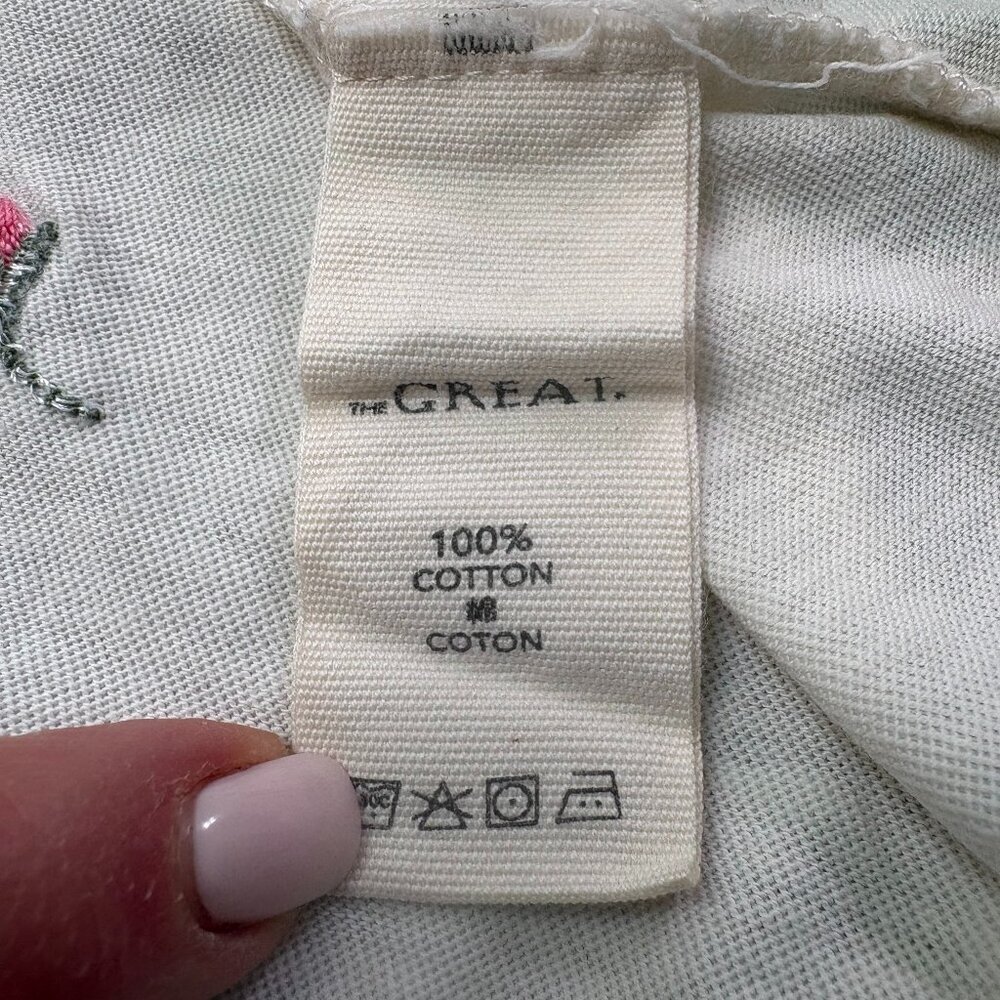 THE GREAT. Floral Embroidered Boxy Short Sleeve Crewneck Tee Cream Size 1/Medium - Picture 11 of 12